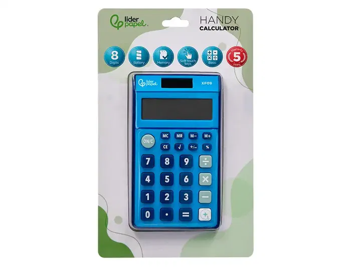 Liderpapel Calculadora Bolsillo XF09 8 Dígitos Solar y Pilas Color Azul 115x65x8 mm