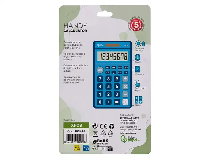 Liderpapel Calculadora Bolsillo XF09 8 Dígitos Solar y Pilas Color Azul 115x65x8 mm