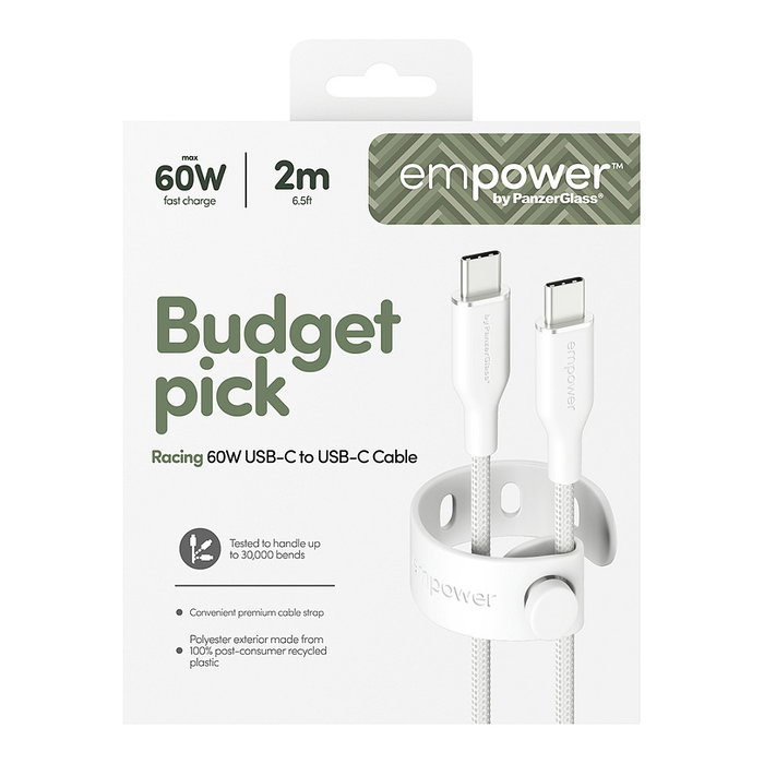 PanzerGlass empower by Racing Cable USB-C a USB-C 60W 2 Metros Blanco, 100% Poliéster Reciclado, Certificado GRS