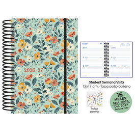 Agenda Anual (2026-27) Senfort 16 Meses Student Decorada Espiral Tapa Pp Con Goma 120X170 S/V Flowers