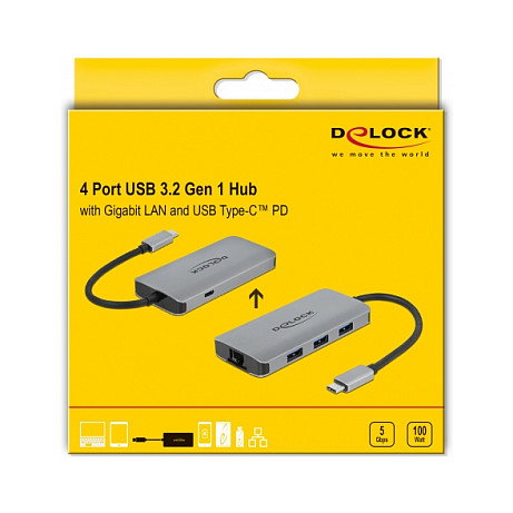 DeLOCK Concentrador USB 3.2 Gen 1 con 4 puertos, Gigabit LAN y PD, Gris