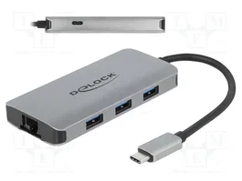 DeLOCK Hub USB 3.2 Gen 1 con 4 Puertos, Gigabit LAN y PD Gris