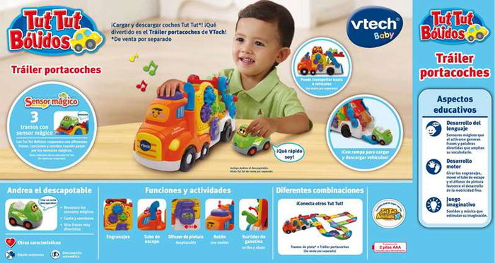 VTech Tráiler Portacoches Carga y Descarga para Niños 1-4 Años, con Sonidos y Luces, Juguete de Plástico en Español