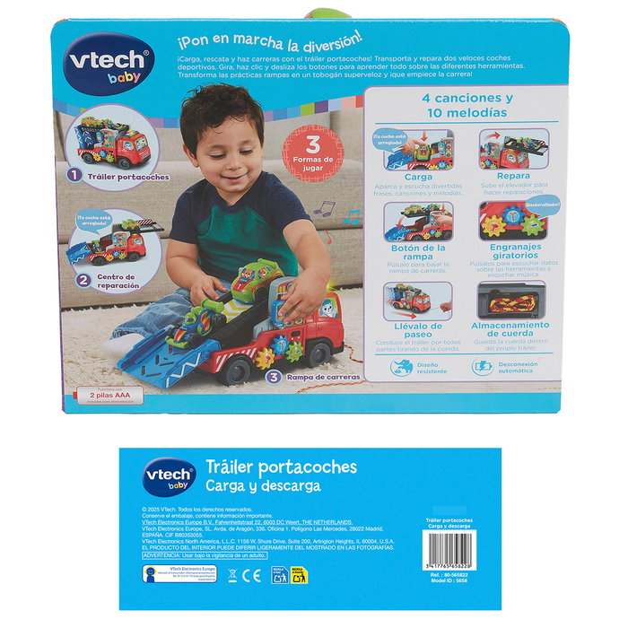 V-Tech Remolque Portacoches Juguete Infantil con Rampa y Sonidos, 2 Vehículos y Modos de Reparar y Transportar, Modelo 80-565822