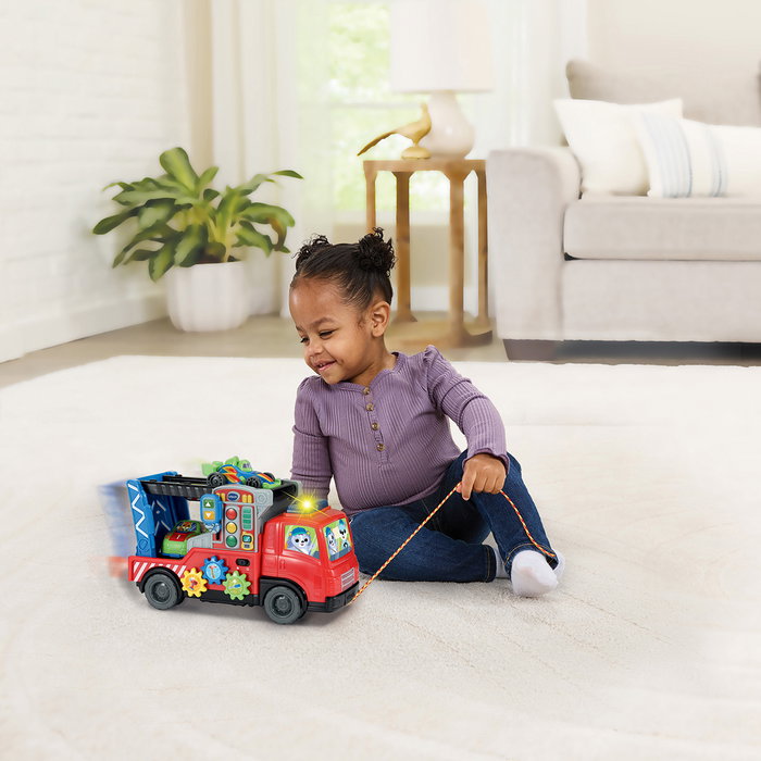 V-Tech Remolque Portacoches Juguete Infantil con Rampa y Sonidos, 2 Vehículos y Modos de Reparar y Transportar, Modelo 80-565822