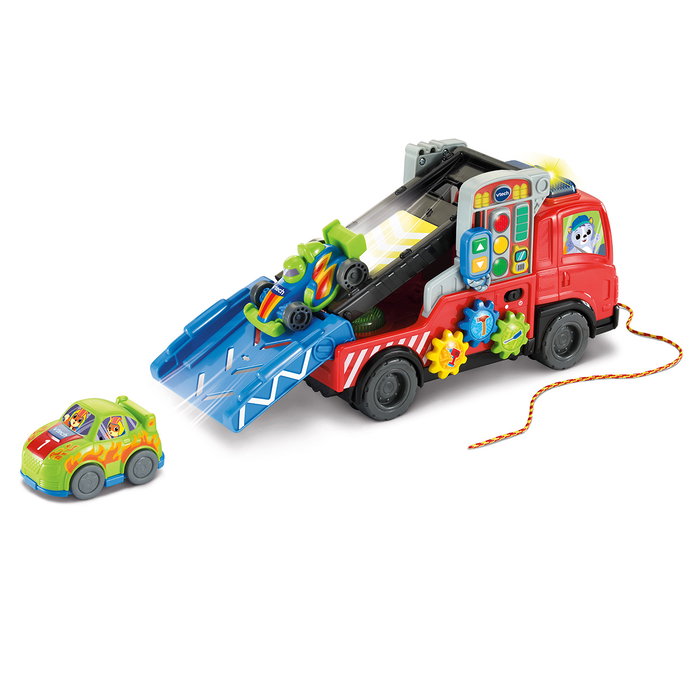 V-Tech Remolque Portacoches Juguete Infantil con Rampa y Sonidos, 2 Vehículos y Modos de Reparar y Transportar, Modelo 80-565822