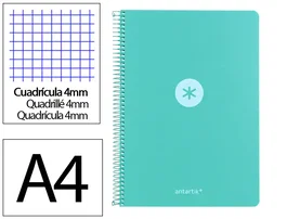 Antartik A4 Foam - Cuaderno Espiral Tapa Foam Color Menta, 80 Hojas Cuadriculado 4mm con Margen, 90 g/m², Formato A4 (210x297 mm)