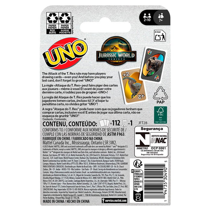 UNO Juego de Cartas Jurassic World Rebirth JFT28 Mattel Games Español Inglés Francés Alemán Portugués
