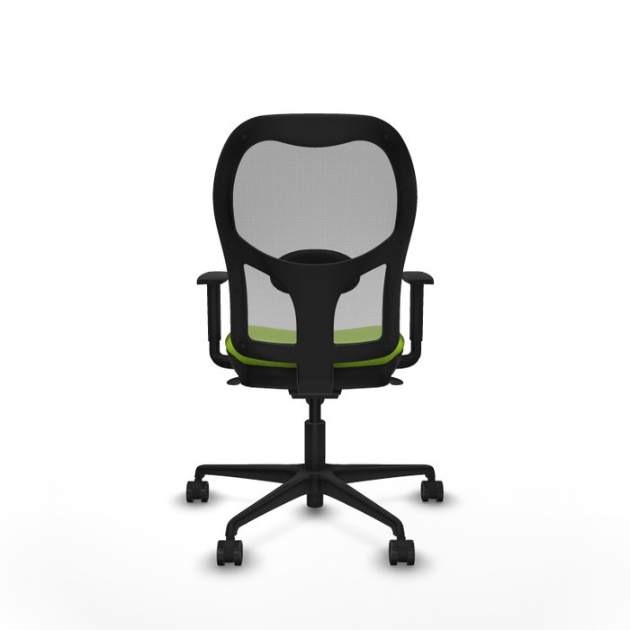 Silla de oficina Jorquera con mecanismo Sincro tapizada con Similpiel color Pistacho y malla color Gris. Equipada con lumbar 1D, Brazos 1D y Ruedas 65mm nailon