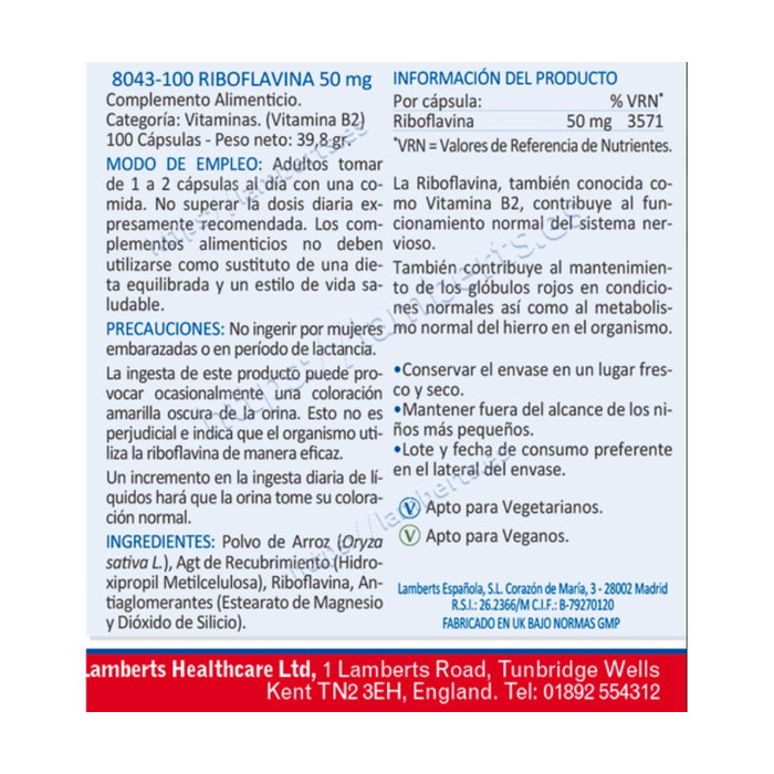 Lamberts Riboflavina Vitamina B2 50mg 100 Cápsulas