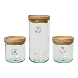 Set de 3 tarros de almacenamiento de cristal reciclado con tapa de madera