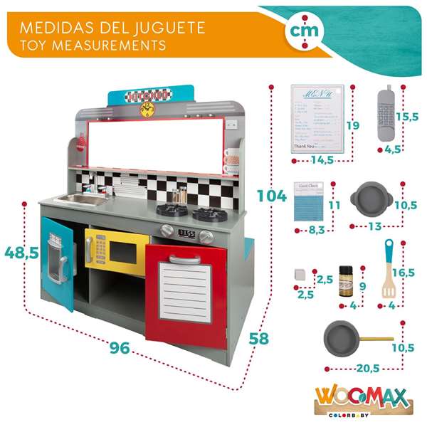 Woomax Cocina Retro de Madera 90x58x104 cm - Juguete Infantil con Luces y Pilas AAA, Edad Mínima 36 Meses