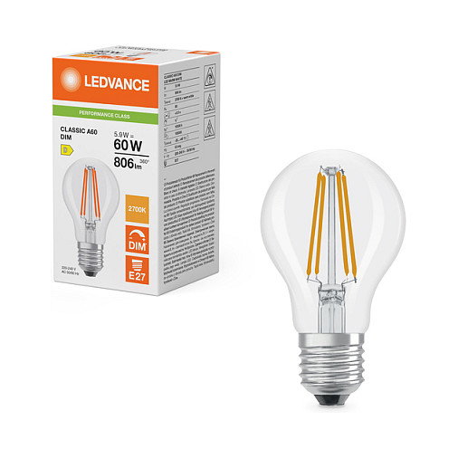 Osram LED Classic A 60 Filament DIM P Bombilla Regulable, 5.9W, 806lm, Blanco Cálido, E27 Transparente