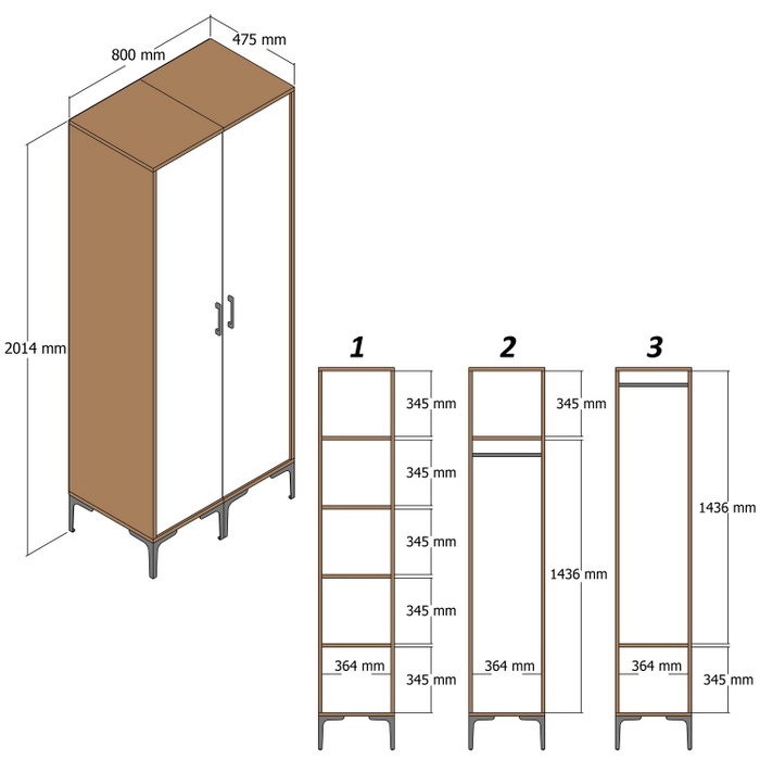 Hanah Home Armario Kumsal SS - Nogal, Crema - 80cm Ancho x 201.4cm Alto x 47.5cm Profundidad