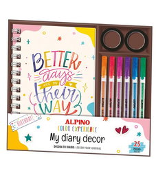 Alpino Set de Decoración Mini Diario Color Experience 25 Piezas, Incluye Libreta, 6 Bolígrafos Gel, Washi Tapes, Pegatinas, Clips Corazón y Papeles Scrapbook para Journaling