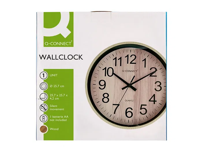 Q-connect Reloj de Pared Redondo Plástico 25.7 cm Movimiento Silencioso Madera Natural