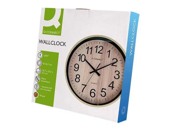 Q-connect Reloj de Pared Redondo Plástico 25.7 cm Movimiento Silencioso Madera Natural