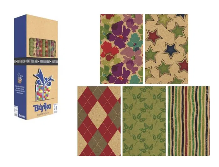 Basika Papel de Regalo Kraft Todo Año, Rollo de 70 cm de Ancho x 2 m de Largo (200 cm), Gramaje 50 g, Diseños Surtidos