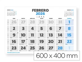 Liderpapel Calendario Pared Clasico 2026 Lomo Engomado 60x40 cm Papel 105 gr