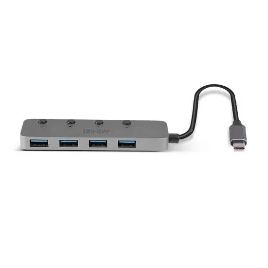Lindy 43383 Hub USB 3.2 Gen 1 Tipo-C a 4x Tipo-A, 5 Gbit/s, Gris, Cable de 0.3 m