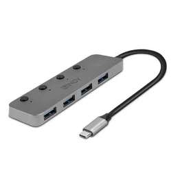 Lindy 43383 Hub USB 3.2 Gen 1 Tipo-C a 4x Tipo-A, 5 Gbit/s, Gris, Cable de 0.3 m