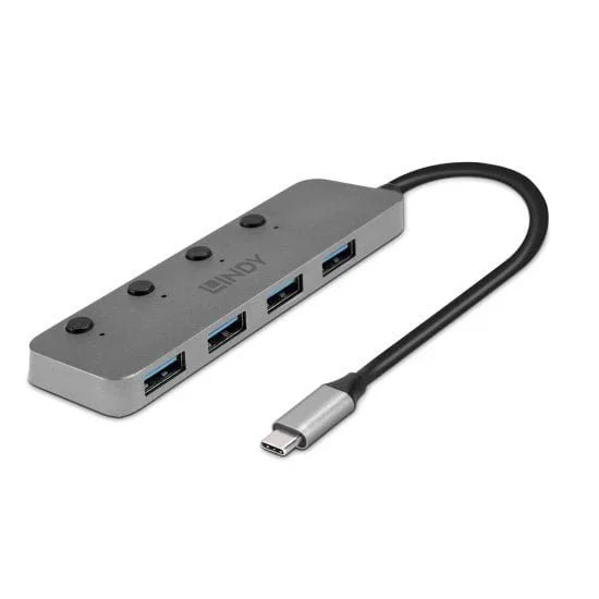Lindy 43383 Hub USB 3.2 Gen 1 Tipo-C a 4x Tipo-A, 5 Gbit/s, Gris, Cable de 0.3 m