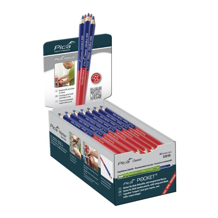 Pica Lápiz doble punta roja y azul perfil hexagonal madera sostenible minas alta calidad