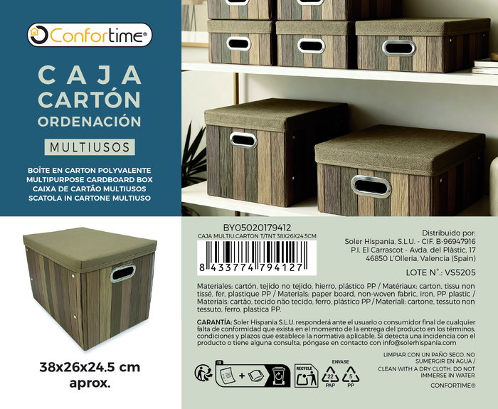 Inde Caja de Cartón Multiusos con Tapa 38 x 26 x 24.5 cm - Dimensiones Ancho 28.7 cm, Alto 4.2 cm, Largo 40.8 cm (12 Unidades)