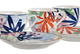 DKD Home Decor Set Plato Moderno Taza 11 x 5.5 x 11 cm Porcelana Azul Verde Naranja Blanco 90ml Apto Microondas Lavavajillas (12 Unidades)