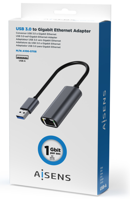 Aisens Conversor USB 3.0 a Ethernet Gigabit 10/100/1000 Mbps, Gris, 15cm
