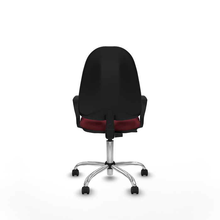 Silla de oficina Algarra con mecanismo Contacto permanente básico tapizada con Similpiel color Granate. Equipada con Base cromada, Brazos fijos y Ruedas autofrenantes