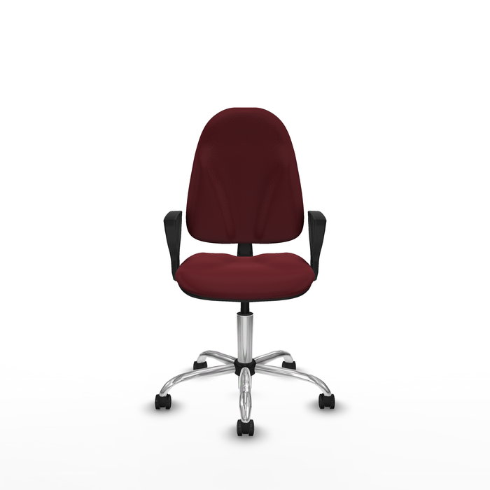 Silla de oficina Algarra con mecanismo Contacto permanente básico tapizada con Similpiel color Granate. Equipada con Base cromada, Brazos fijos y Ruedas autofrenantes
