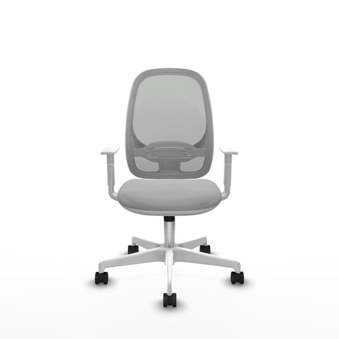 Silla de oficina Cilanco con mecanismo Sincro tapizada con Tela color Gris claro y malla color Gris. Equipada con lumbar 1D, Reposabrazos blancos y Ruedas 65mm nailon