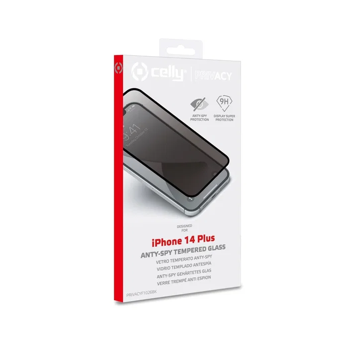 Celly PRIVACYF1026BK Protector de Pantalla de Privacidad con Vidrio Templado 9H, Anti-huellas y Fácil Aplicación para iPhone 14 Plus (1 unidad)