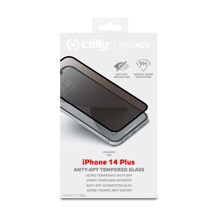 Celly PRIVACYF1026BK Protector de Pantalla de Privacidad con Vidrio Templado 9H, Anti-huellas y Fácil Aplicación para iPhone 14 Plus (1 unidad)