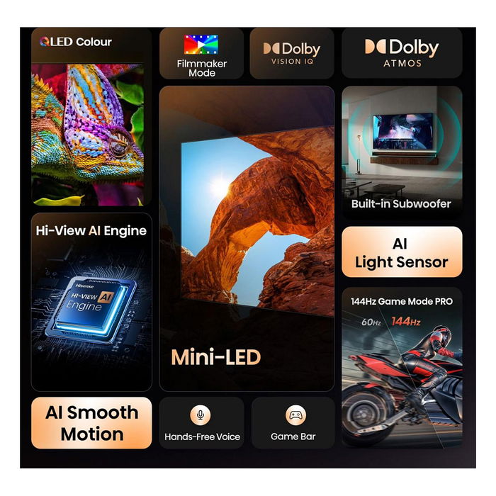 Hisense 55U7NQ Televisor 55" 4K ULED Mini LED Smart TV 144Hz HDR10+ Adaptive Wi-Fi Bluetooth HDMI 2.1 VIDAA