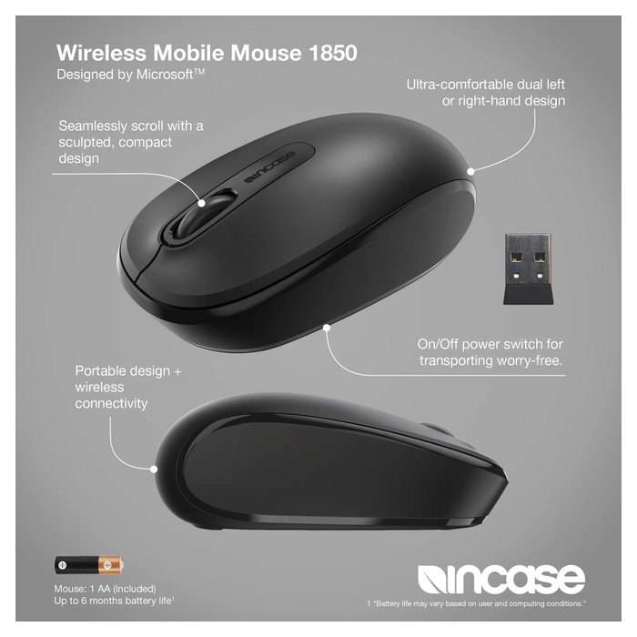 Incase Mouse Inalámbrico 1850 Diseñado por Microsoft, Ratón Óptico Ambidiestro RF para Portátil, Viajes, PC, Negro, con Nanorreceptor USB