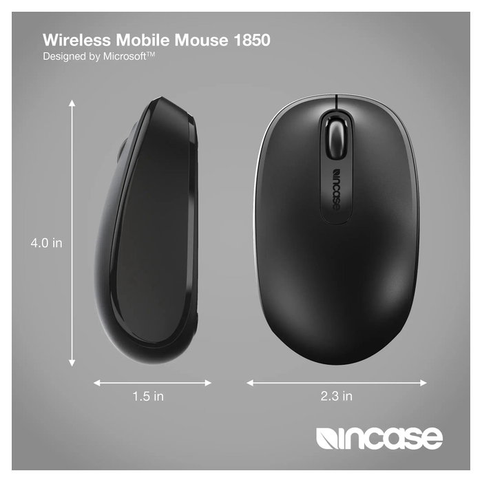 Incase Mouse Inalámbrico 1850 Diseñado por Microsoft, Ratón Óptico Ambidiestro RF para Portátil, Viajes, PC, Negro, con Nanorreceptor USB