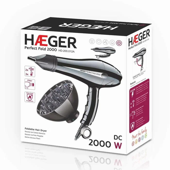 Haeger HD-200.012A Secador Pelo 2000W Negro con Función Aire Frío, 2 Velocidades, 3 Temperaturas, Mango Plegable y Anilla para Colgar
