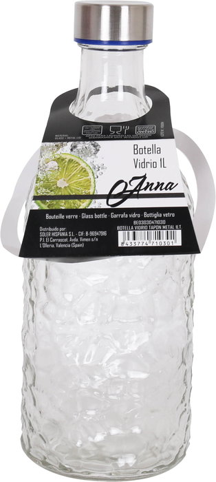 Anna Botella de Vidrio con Tapón de Metal 1 Litro 9.5x26 cm (12 Unidades)