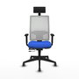 Silla de oficina Horna con mecanismo Sincro/Traslack tapizada con Tela color Azul y malla color Blanco. Equipada con lumbar 1D, Brazos 1D, Cabecero Fijo y Ruedas 65 mm parqué