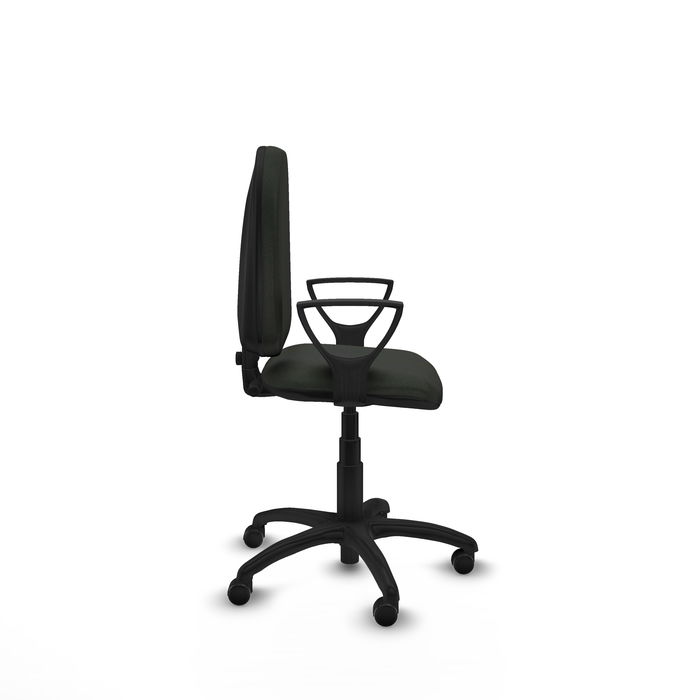 Silla de oficina Aýna con mecanismo Contacto permanente básico tapizada con Tela color Negro. Equipada con Base poliamida negra, Brazos fijos y Ruedas autofrenantes