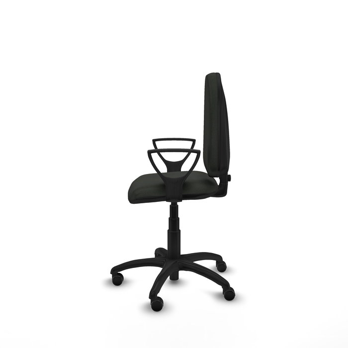 Silla de oficina Aýna con mecanismo Contacto permanente básico tapizada con Tela color Negro. Equipada con Base poliamida negra, Brazos fijos y Ruedas autofrenantes