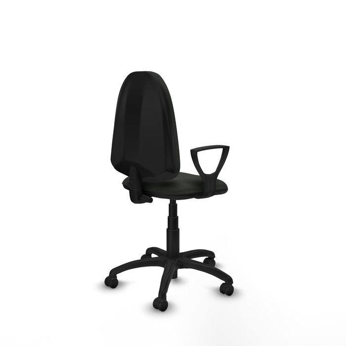 Silla de oficina Aýna con mecanismo Contacto permanente básico tapizada con Tela color Negro. Equipada con Base poliamida negra, Brazos fijos y Ruedas autofrenantes