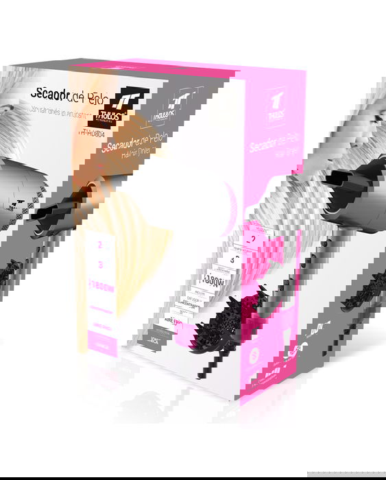 Thulos Secador de Pelo Iónico TH-HD804, 1600-1800W, 2 Velocidades, 3 Temperaturas, con Difusor y Concentrador, Motor DC