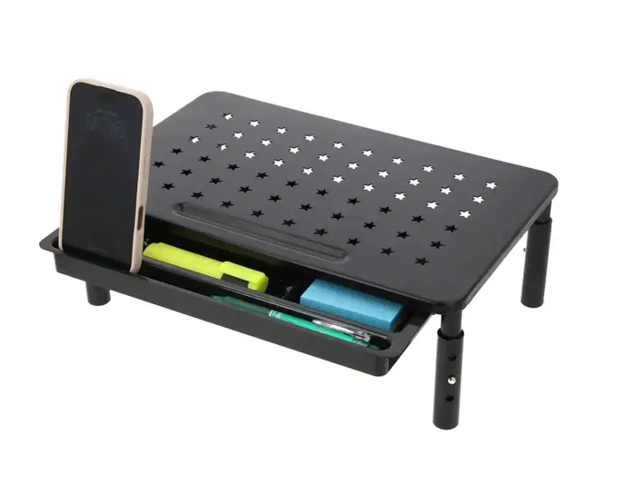 Q-Connect Soporte Metálico para Monitor Regulable en Altura con Bandeja de Organización, 370 x 235 x 145 mm, Color Gris