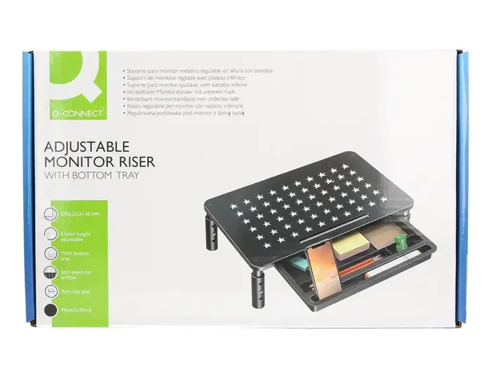 Q-Connect Soporte Metálico para Monitor Regulable en Altura con Bandeja de Organización, 370 x 235 x 145 mm, Color Gris