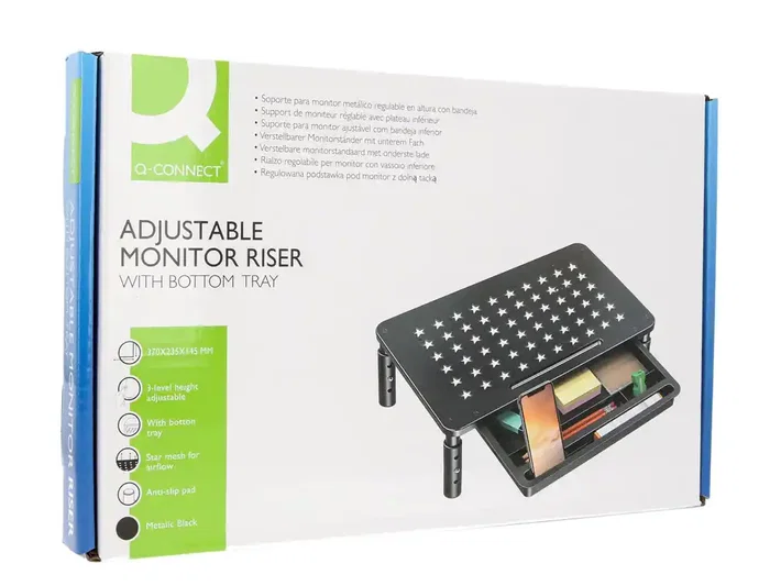 Q-Connect Soporte Metálico para Monitor Regulable en Altura con Bandeja de Organización, 370 x 235 x 145 mm, Color Gris