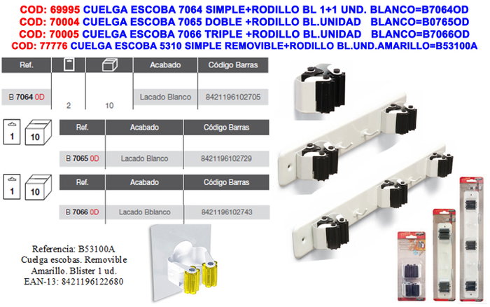 BRINOX Colgador de Escoba Simple con Rodillo Amarillo BRINOX Colgador de Escoba Simple con Rodillo Amarillo
