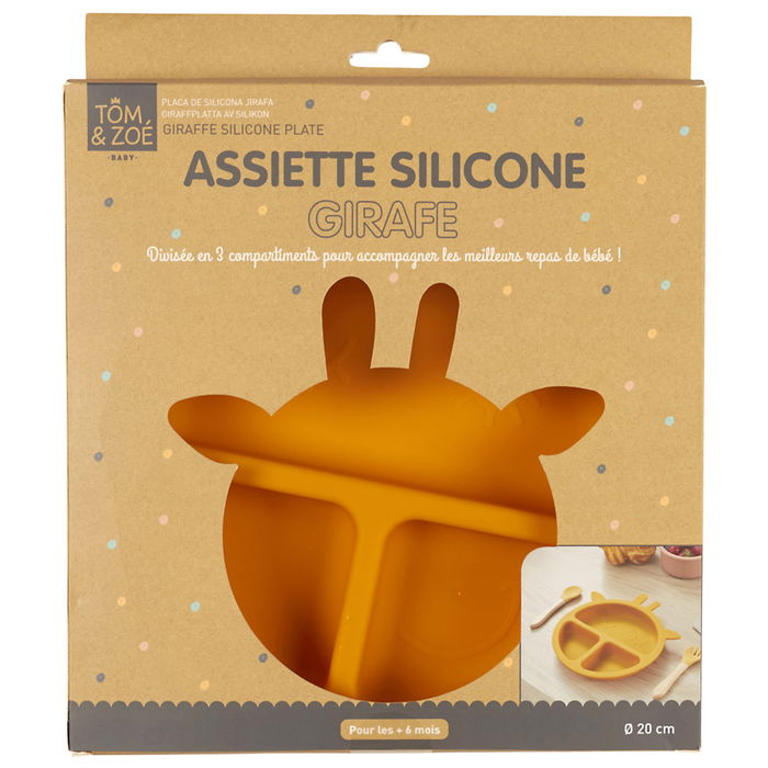 Tom et Zoe Plato Silicona Jirafa Amarilla con 3 Compartimentos para Bebé Ø 20 cm